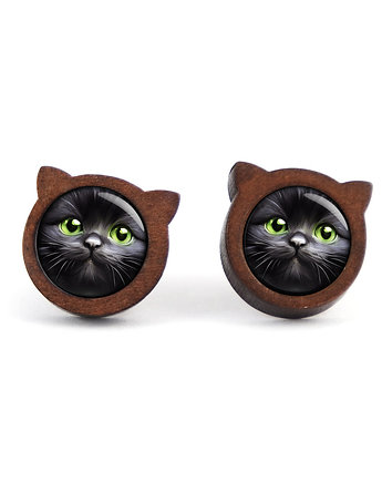 Kolczyki drewniane - Czarny kot - sztyfty, yenoo
