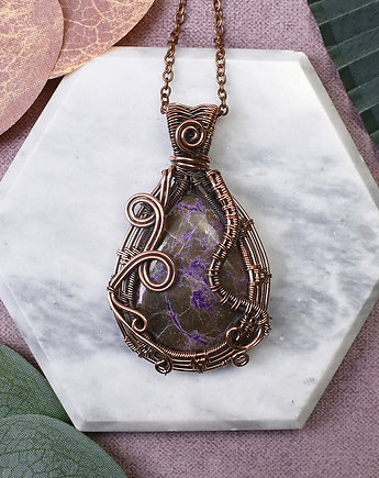 Miedziany wisiorek wire wrapping z purpurytem #465, Metal Earth Jewelry
