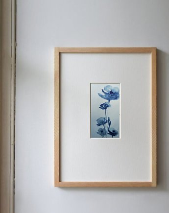 Akwarela Kwiaty oryginalny obraz niebieski papier 10,5x22 cm, Kwitnace
