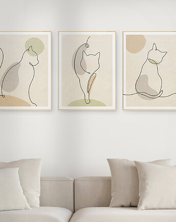 Zestaw 3 stylowych plakatów w stylu Boho, zwierzęta, kot, line art., Grawisfera