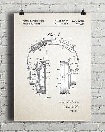 Słuchawki  - patent - plakat vintage, minimalmill