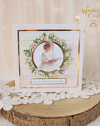 Kartka komunijna do koperty, Pamiątka Komunii, prezent "RoseWine6" GOTOWA, Lulaczkowo