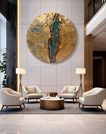 Obrazy okrągłe do salonu - złoto i szmaragd, art and texture