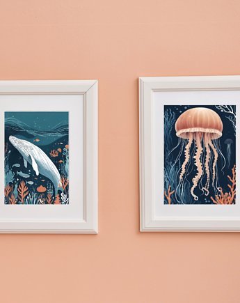 DWA PLAKATY pokój dziecka podwodny świat meduza wieloryb, black dot studio