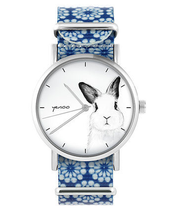 Zegarek - Królik - niebieski, kwiaty, yenoo