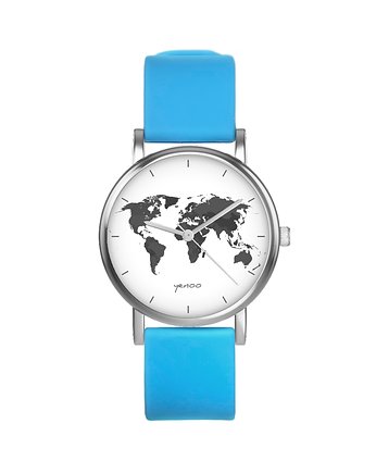 Zegarek  mały - Mapa świata - silikonowy, niebieski, yenoo