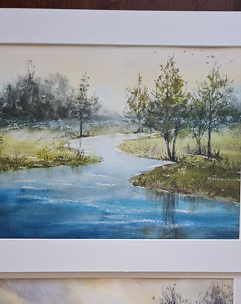 Obraz akwarelowy "Wiosenny brzeg" oprawiony w passe-partout 40x50 cm, Betańska Studio