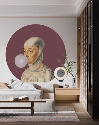 Mural DOTS  Kobieta z Gumą Balonową WIŚNIOWY- okrągła dekoracja ścienna, Ravenart