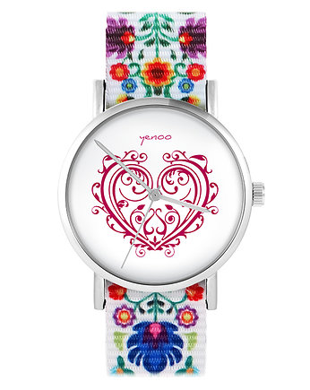 Zegarek - Serce ornament - folk biały, nato