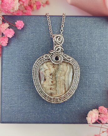 Naszyjnik Agat Crazy Lace stal chirurgiczna wisiorek handmade wirewrapping, byNostawen