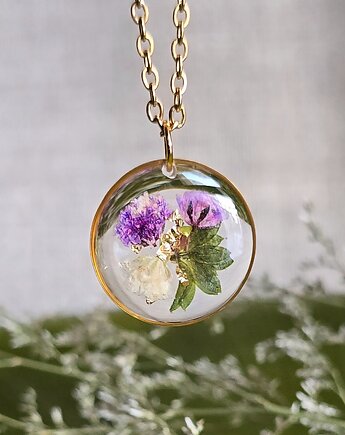 Wieczne kwiaty fioletowe złoty wisiorek prawdziwe kwiaty naszyjnik