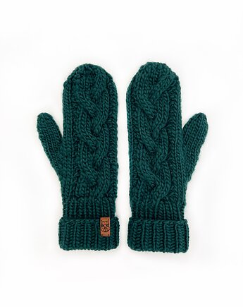 Ciemnozielone rękawiczki wełniane z jednym palcem w warkocze, Holy Alpaca Knit