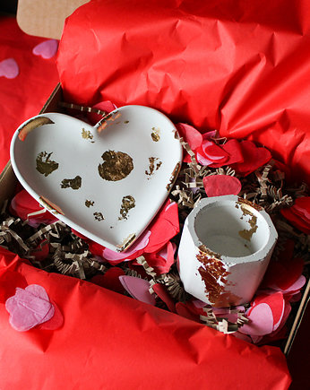WALENTYNKI Zestaw prezentowy betonowe serce złote i świecznik na tealight, OKAZJE - Prezent na Rocznice ślubu