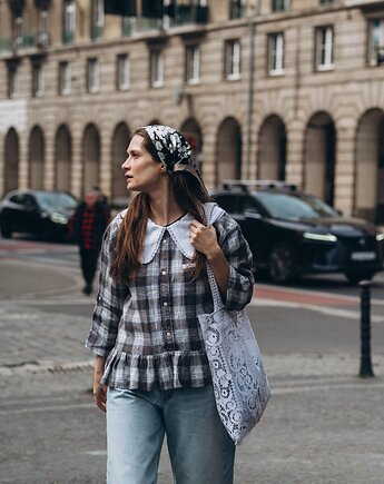 Lniana koszula upcyklingowa w kratę z dużym kołnierzem oversize, From.us brand