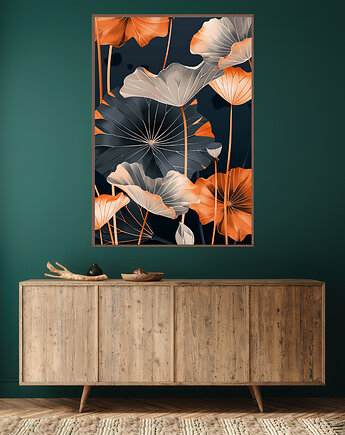 Liście lotusu - Plakat, druk - Chiński Orient, Harmonia Zen, Wabi Sabi #87, Black Sapphire Art