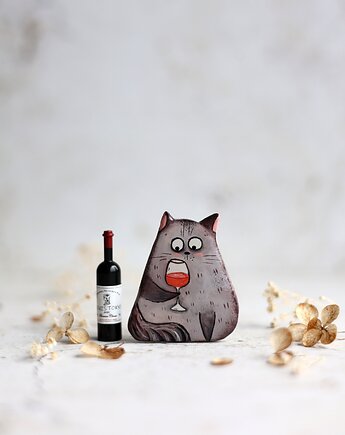 Broszka malowana Kot z kieliszkiem wina, Black Cat