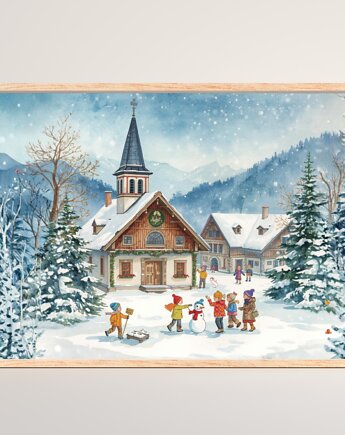 PLAKAT zimowa wioska ilustracja górski krajobraz zimowy, black dot studio