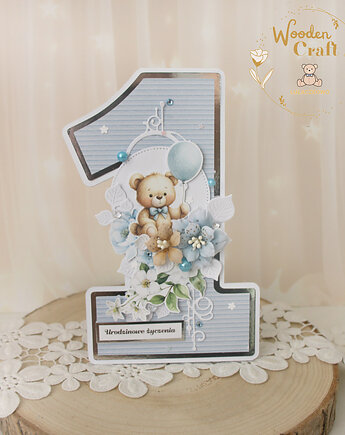 Urodzinowa kartka cyferka, prezent na roczek "Baby Blue 2" GOTOWA, Lulaczkowo