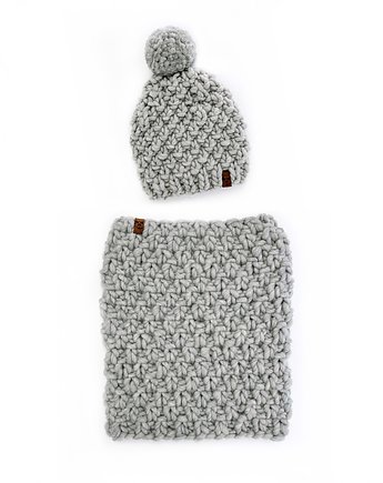 Wełniany komplet zimowy czapka i komin szary z grubej wełny, Holy Alpaca Knit