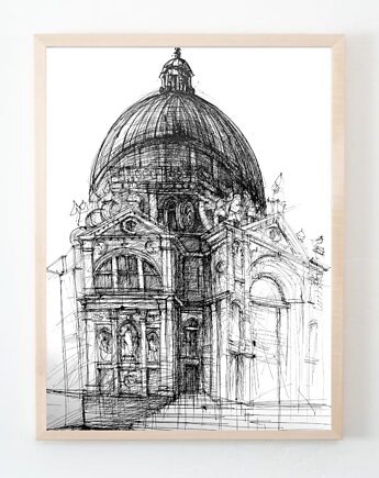 WYPRZEDAŻ RYSUNKÓW! Rysunek Santa Maria katedra Wenecja 35x50 cm Pióro, Kwitnace
