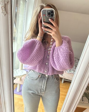 Moherowy kardigan mgiełka  z ozdobnymi biżuteryjnymi guzikami handmade, GANGSTA KNIT