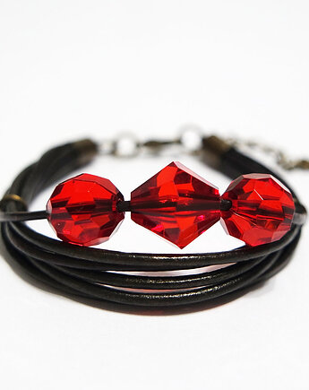 Bransoletka - Czerwone koraliki - skórzana, brązowa, yenoo