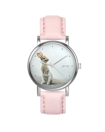 Zegarek  mały - Zając - skórzany, pudrowy róż, yenoo