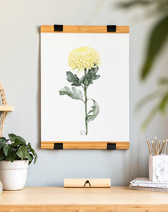 Żółta chryzantema, grafika, akwarela, Urszula Steczkiewicz