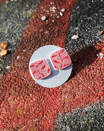 Kolczyki ceramiczne w czerwone wzory, biżuteria z talerzy