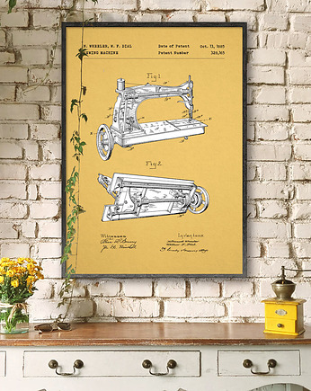 Plakat Maszyna do szycia - patent - rysunek techniczny, minimalmill