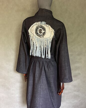 Kimono długie jeans z paskiem oko patchwork frędzle., PinPin