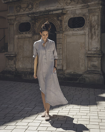 Lniana sukienka koszulowa szaro błękitna, LENOUI