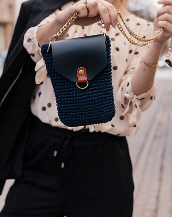 Mini Bag Craftbags - granatowa z koniakową ozdobą i złotem, OKAZJE - Prezent na Dzień Kobiet