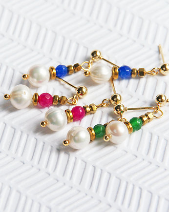 Urocze  kolczyki pozłacane : perły & jadeit : MAGENTA : różowe, kaktusia