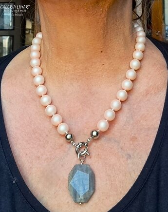 ELEGANCKO Naszyjnik z pięknych szklanych pereł z wisiorem z labradorytu 3w1, Galeria Limart