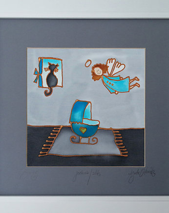 ANIOŁ STRÓŻ w szarościach na chrzest, jedwabie agaty