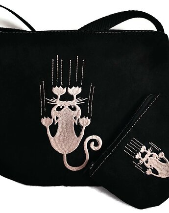 Czarna listonoszka, torebka z kotkiem , portfelik kotek, Made by Joan