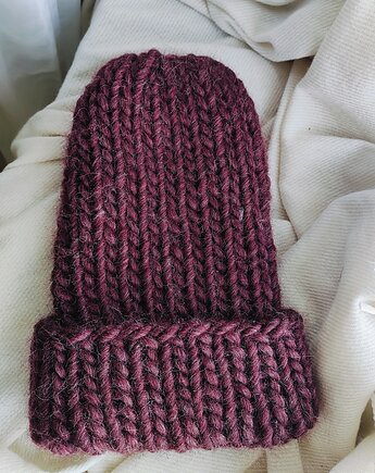 Wełniana czapka na drutach WOOLLY bordowa, Po.dziergane