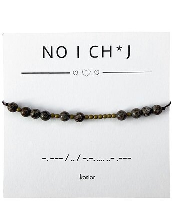 UNISEX Bransoletka z alfabetem Morse Obsydian śnieżny, Hematyt, karolina kosior