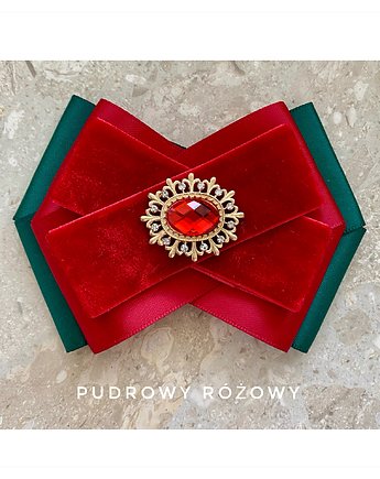 Aksamitna Brosza z czerwonym  kryształkiem Święta Mikołajki, Pudrowy Różowy