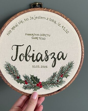 Tamborek haftowany, metryczka, pamiątka Chrztu Świętego, Boski Haft