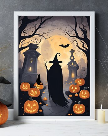 PLAKAT dekoracja Halloween wiedźma dynia kot, black dot studio