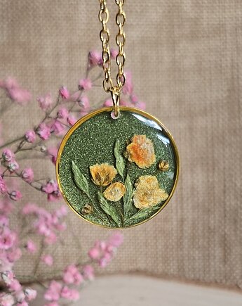 Wieczne kwiaty prawdziwe kwiaty zawieszka złota wisiorek żółte zielony, zkwiatem