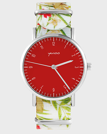 Zegarek - Elegance red - kwiaty, nato, biały, yenoo