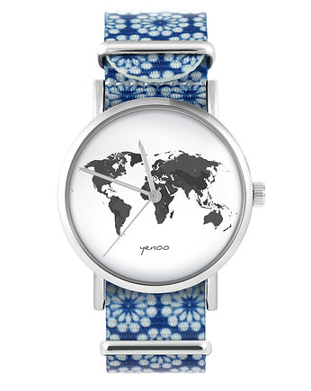 Zegarek - Mapa świata - niebieski, kwiaty, yenoo