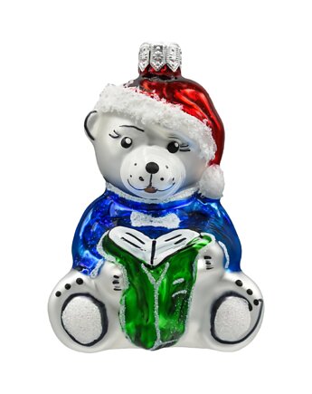 Bombka choinkowa: Miś z książką: srebrny, Syn Bombkarza