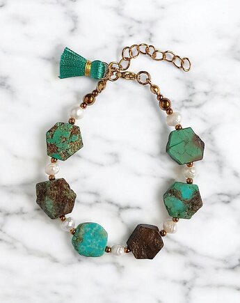 UNIKAT : turkus i perły : unikatowa bransoletka, kaktusia