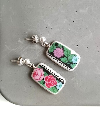 Kolczyki ceramiczne w kwiaty, biżuteria z talerzy