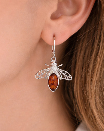 Srebrne kolczyki z bursztynem bałtyckim - Pszczółki bursztynowe, Amber Charm