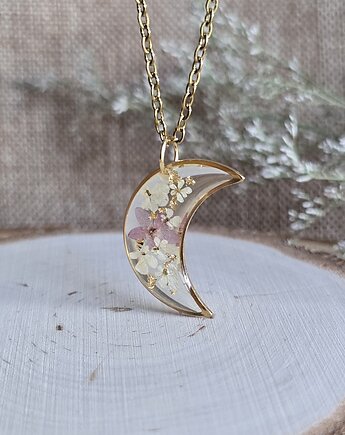 Złoty wisiorek złota zawieszka księżyc różowy, zkwiatem